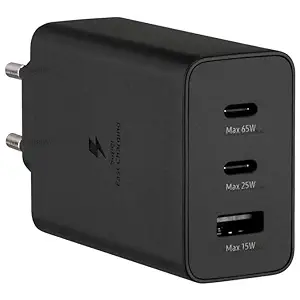 For Samsung 65W Trio Port Super Fast Charger Adapter Compatible for Galaxy Fold 2, 3, 4 / Note/S 22, S23, S23 Ultra, S23 Plus/A/M Series/S24/S24 ultra (Black)