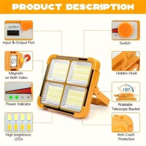 Solar LED Work Light 100W Rechargeable Flood Light with 12000 mAh Battery, USB Power Bank, 4 Lighting Modes, IP66 Waterproof for Camping & Repair