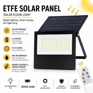 UGSTORE Solar Flood Light for Outdoor,Ultra -Slim IP66 Waterproof Garden Light with 6000Mah Battery,Motion Sensor,Automatic Sensor and Remote Control for Brightness/Timer Adjustment (150watt)