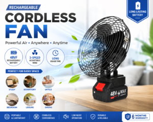 Dhwani Portable Rechargeable Table Fan, Yellow and White, 8 Inch, USB Rechargeable Battery, 3 Blades, Push Button Control, Modern Style